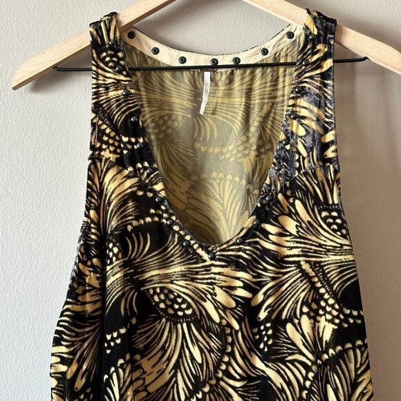 Women's L Free People Velvet Shift Dress Mini Black Tan Studs at Neckline - Picture 5 of 11